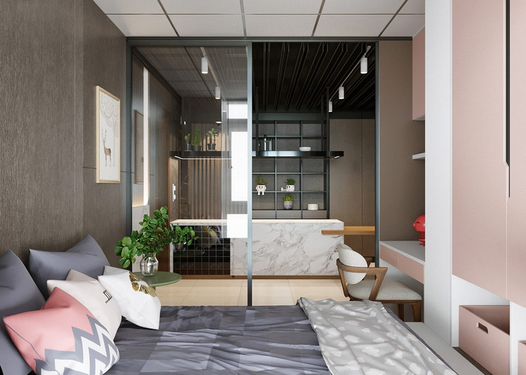 Mẫu vách ngăn phòng ngủ kết hợp cửa lùa nhôm kính